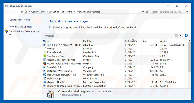 Désinstallation du logiciel de publicité CRITICAL ALERT FROM MICROSOFT via le Panneau de Configuration