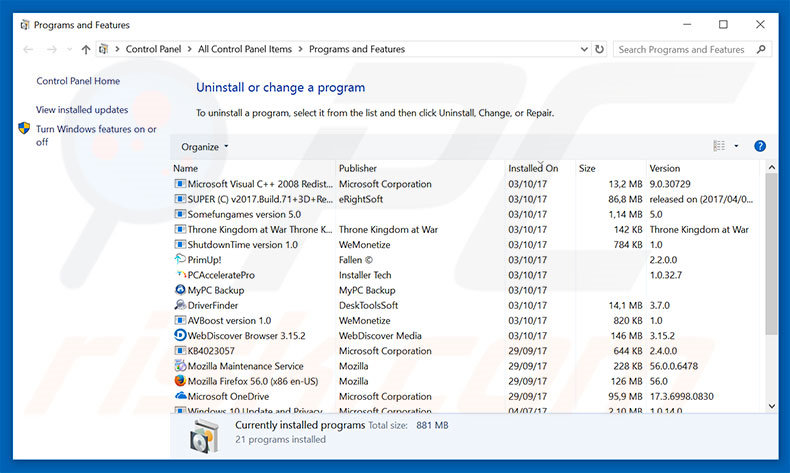 Désinstallation du logiciel de publicité ERREUR DW6VB36 via le Panneau de Configuration