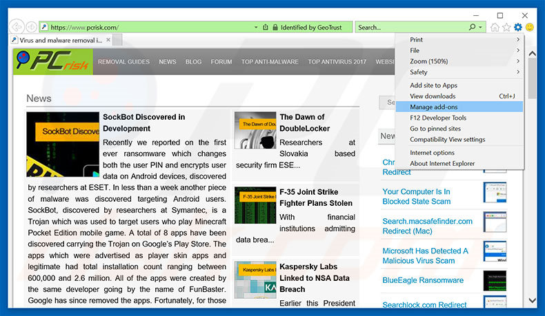 Suppression des publicités Exploit.SWF.bd Virus dans Internet Explorer étape 1