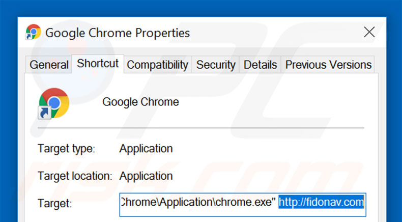 Suppression du raccourci cible de fidonav.com dans Google Chrome étape 2