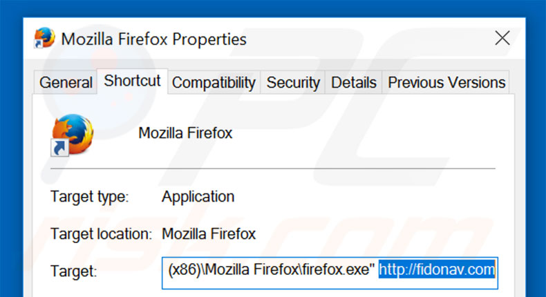 Suppression du raccourci cible de fidonav.com dans Mozilla Firefox étape 2
