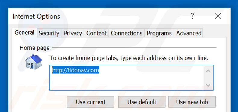Suppression de la page d'accueil de fidonav.com dans Internet Explorer 