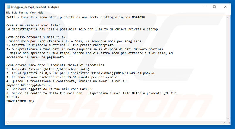 Variante italienne du fichier texte du rançongiciel Hacked 