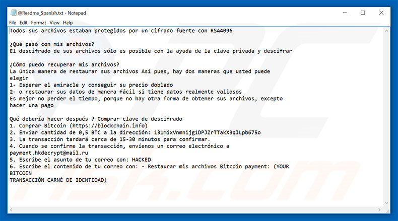 Variante espagnole du fichier texte du rançongiciel Hacked 