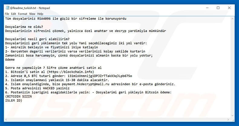 Variante turque du fichier texte du rançongiciel Hacked