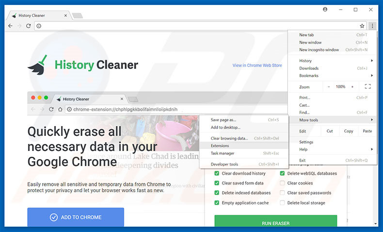 Suppression des publicités History Cleaner dans Google Chrome étape 1