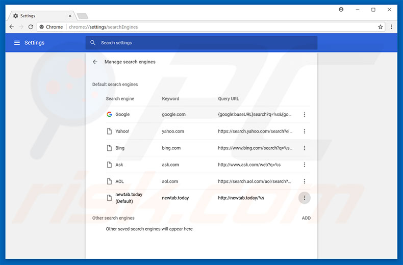 Suppression du moteur de recherche par défaut de newtab.today dans Google Chrome 