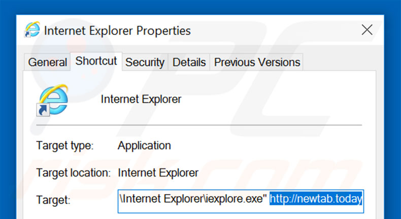 Suppression du raccourci cible de newtab.today dans Internet Explorer étape 2