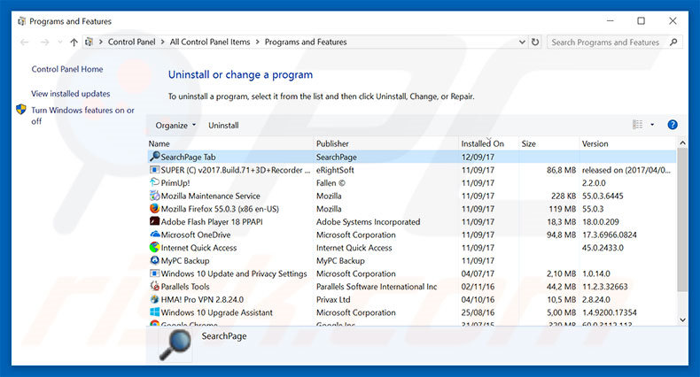 Désinstallation du pirate de navigateur searchpage.com via le Panneau de Configuration