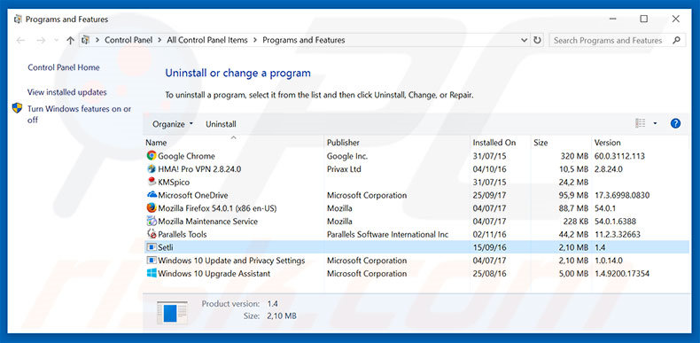 Désinstallation du logiciel de publicité Setli via le Panneau de Configuration