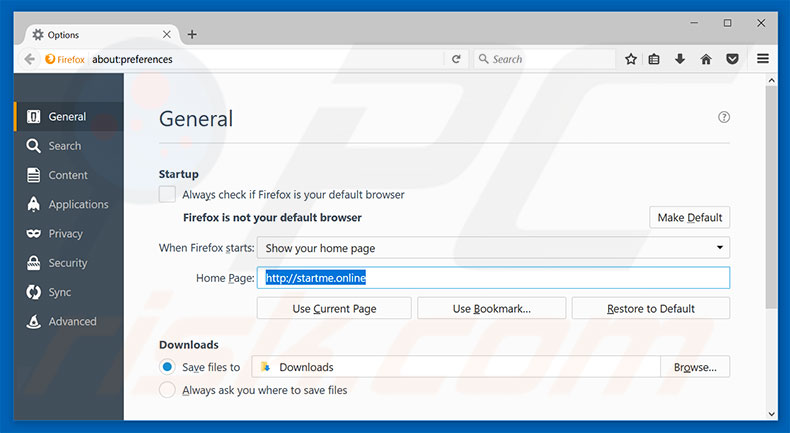 Suppression de la page d'accueil de startme.online dans Mozilla Firefox 