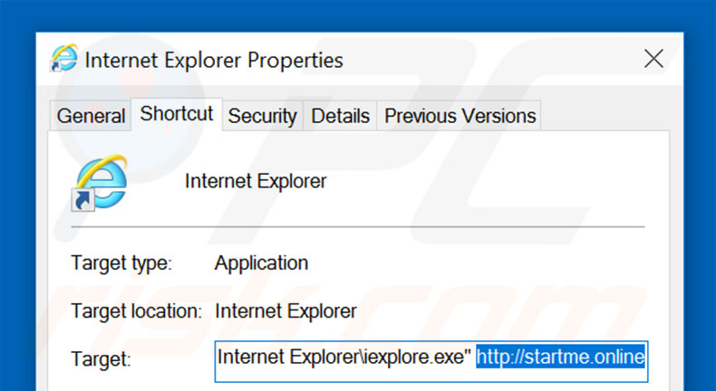 Suppression du raccourci cible de startme.online dans Internet Explorer étape 2