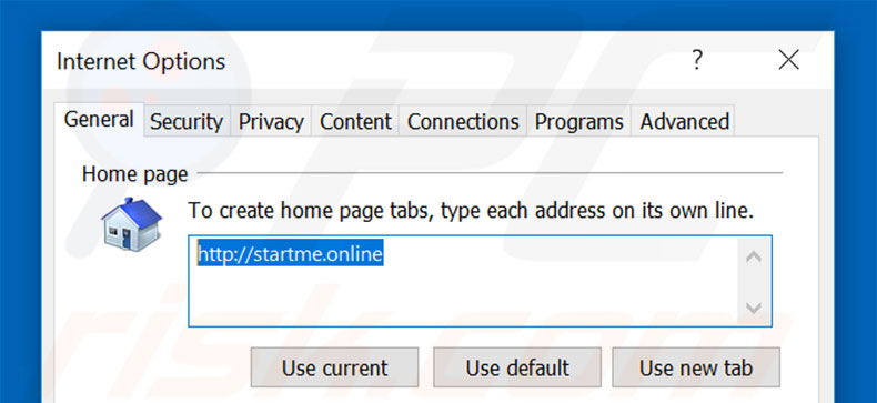 Suppression de la page d'accueil de startme.online dans Internet Explorer 