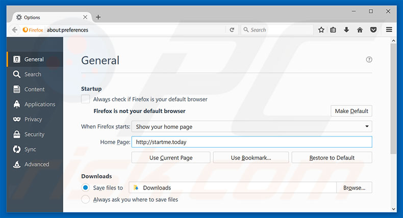 Suppression de la page d'accueil de startme.today dans Mozilla Firefox 