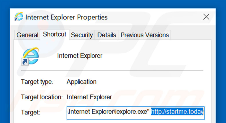 Suppression du raccourci cible de startme.today dans Internet Explorer étape 2