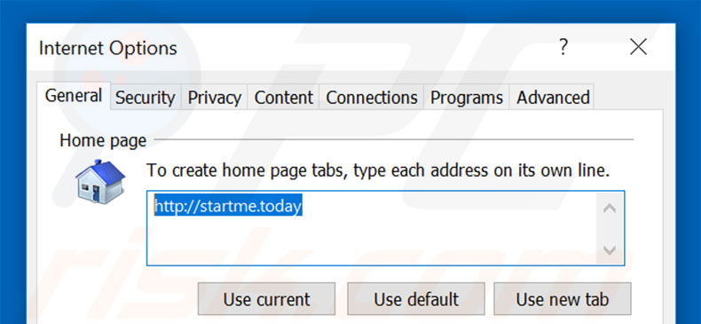 Suppression de la page d'accueil de startme.today dans Internet Explorer