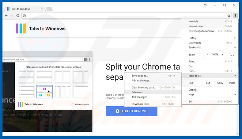 Suppression des publicités Tabs To Windows dans Google Chrome étape 1