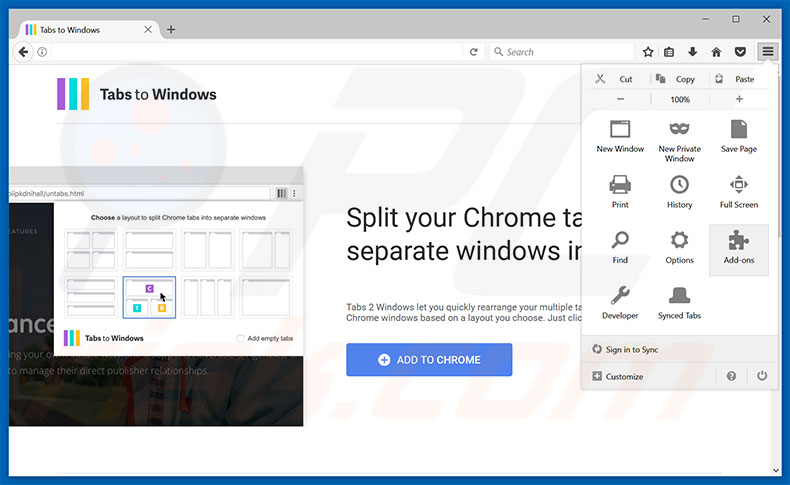 Suppression des publicités Tabs To Windows dans Mozilla Firefox étape 1