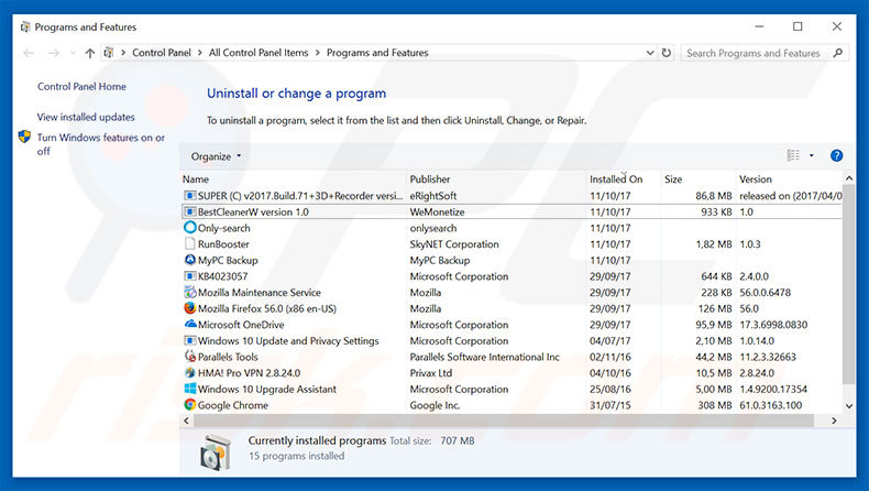 Désinstallation du logiciel de publicité Unable to Locate Windows License Key via le Panneau de Configuration