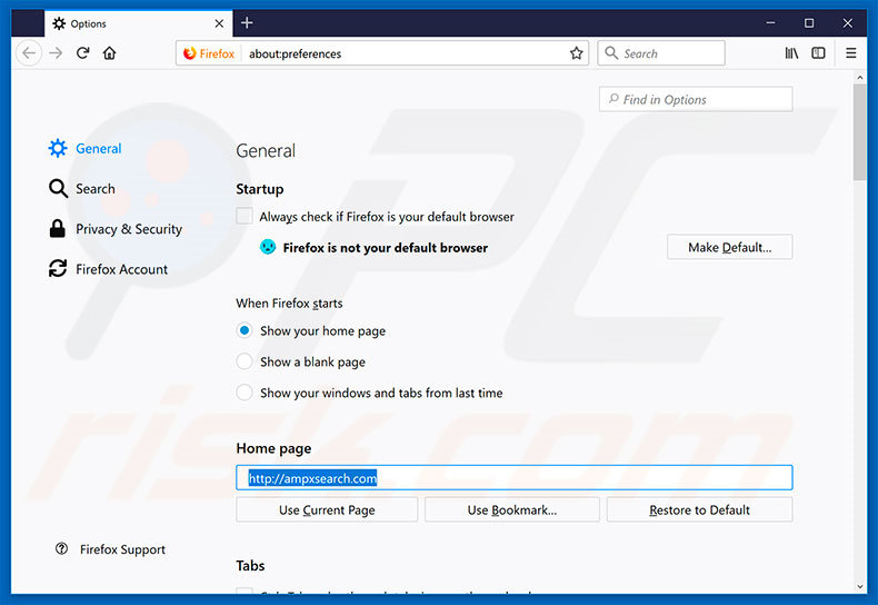 Suppression de la page d'accueil d'ampxsearch.com dans  Mozilla Firefox 