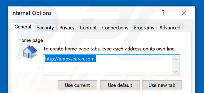 Suppression de la page d'accueil d'ampxsearch.com dans Internet Explorer 