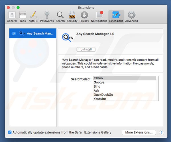 Extensions Safari du pirate de navigateur Any Search Manager 