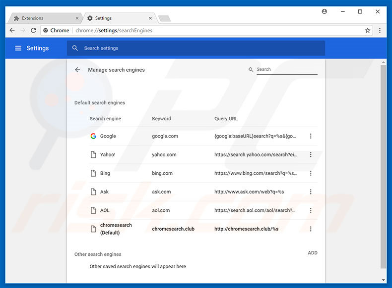 Suppression du moteur de recherche par défaut de chromesearch.club dans Google Chrome 