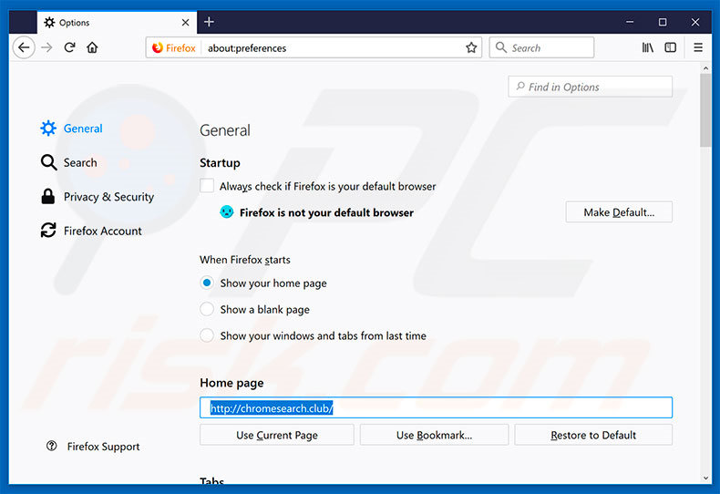 Suppression de la page d'accueil de chromesearch.club dans Mozilla Firefox 
