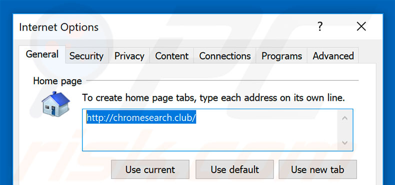 Suppression de la page d'accueil de chromesearch.club dans Internet Explorer 