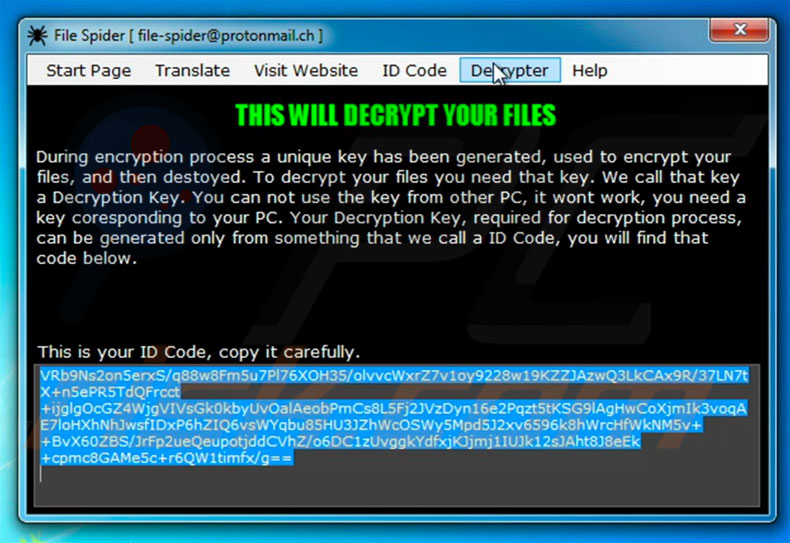 Pop-up du Décrypteur de File Spider 