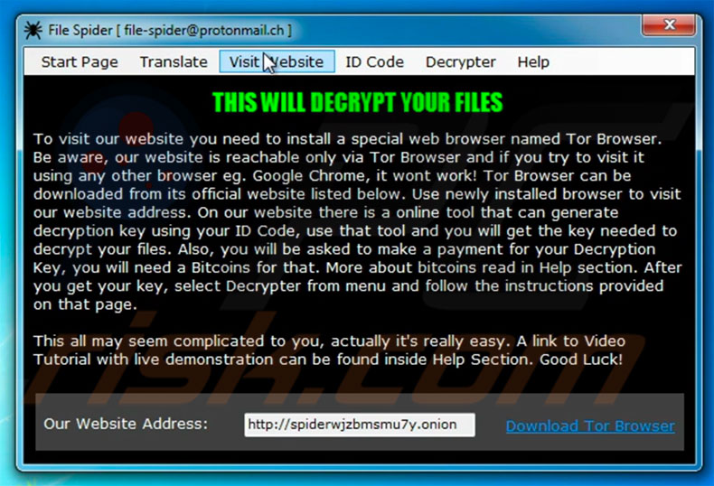 Pop-up du iste web de File Spider 