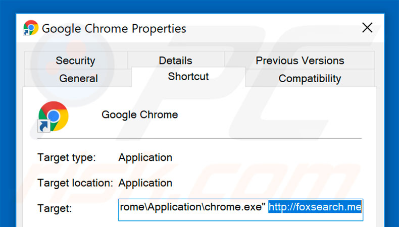 Suppression du raccourci cible de foxsearch.me dans Google Chrome étape 2