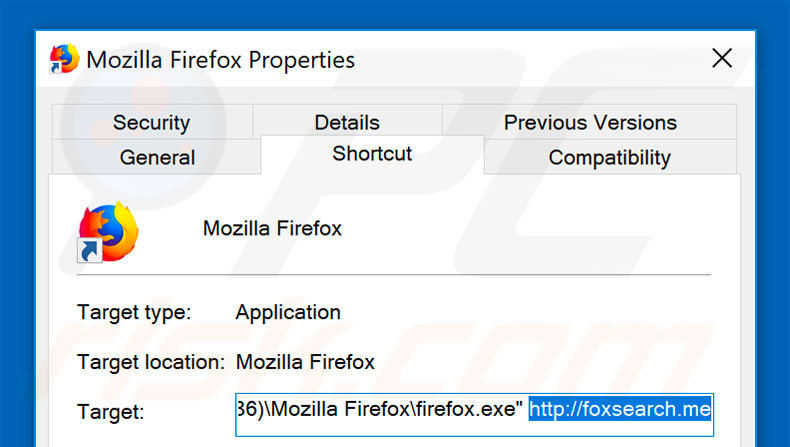 Suppression du raccourci cible de foxsearch.me dans Mozilla Firefox étape 2