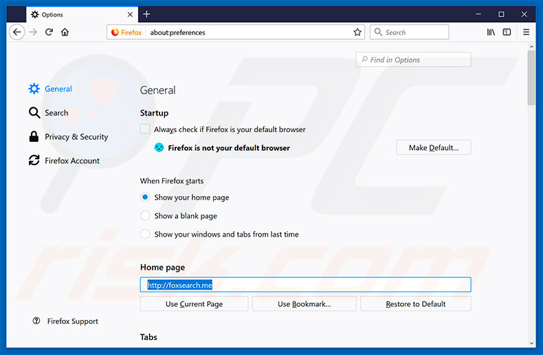 Suppression de la page d'accueil de foxsearch.me dans Mozilla Firefox 