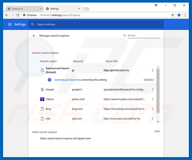 Suppression du moteur de recherche par défaut de gmrlnd.com dans Google Chrome 