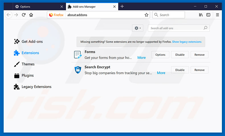 Suppression des extensions reliées à search.hmyquickconverter.com dans Mozilla Firefox 