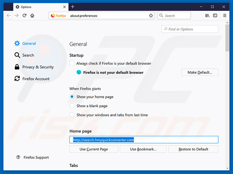 Suppression de la page d'accueil de search.hmyquickconverter.com dans Mozilla Firefox 