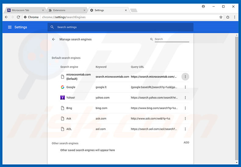 Suppression du moteur de recherche par défaut de search.microcosmtab.com dans Google Chrome