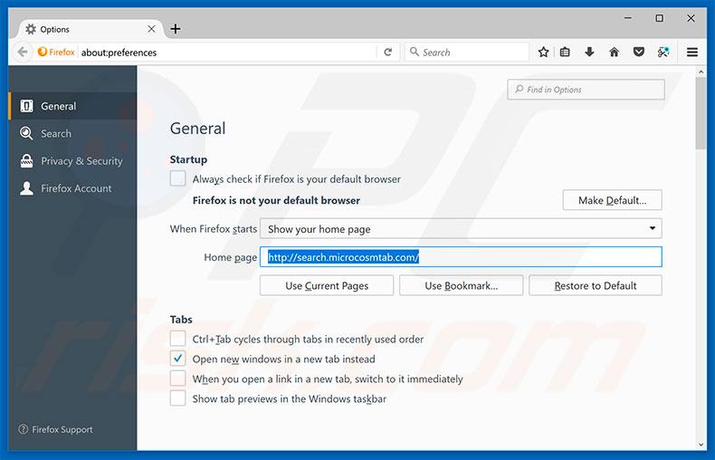 Suppression de la page d'accueil de search.microcosmtab.com dans Mozilla Firefox 