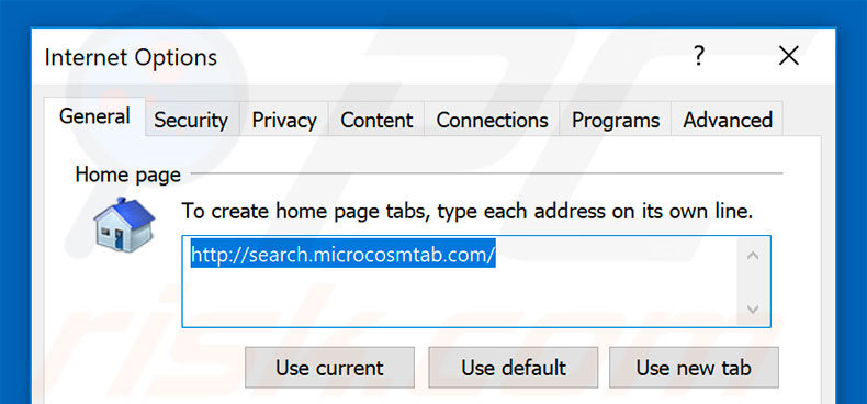 Suppression de la page d'accueil de search.microcosmtab.com dans Internet Explorer 