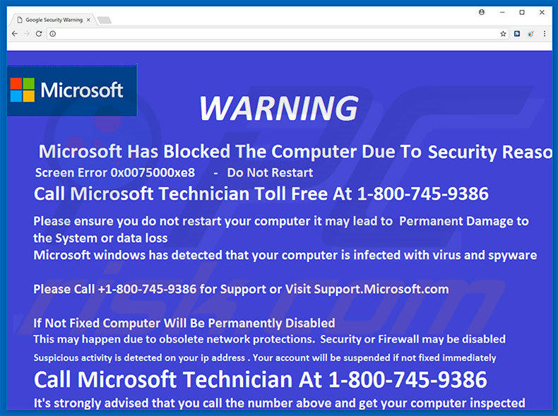 Site Web affichant l'escroquerie Microsoft Has Blocked The Computer