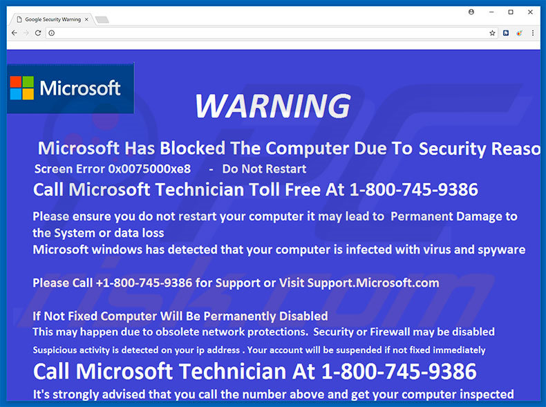 Site Web affichant l'escroquerie Microsoft Has Blocked The Computer