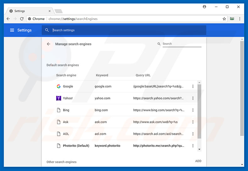 Suppression du moteur de recherche par défaut de photorito.me dans Google Chrome 