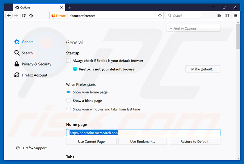 Suppression de la page d'accueil de photorito.me dans Mozilla Firefox 