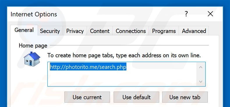 Suppression de la page d'accueil de photorito.me dans Internet Explorer 