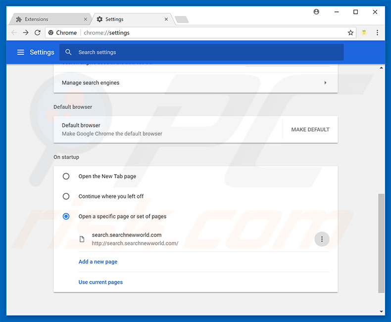 Suppression de la page d'accueil de searchnewworld.com dans Google Chrome 