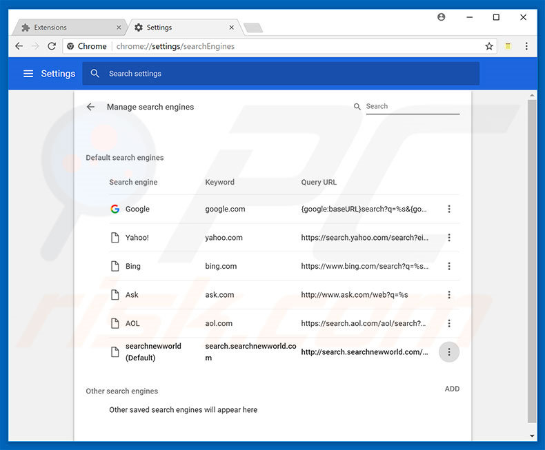 Suppression du moteur de recherche par défaut de searchnewworld.com dans Google Chrome
