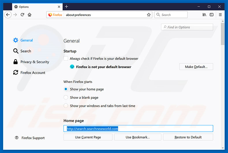 Suppression de la page d'accueil de searchnewworld.com dans Mozilla Firefox 