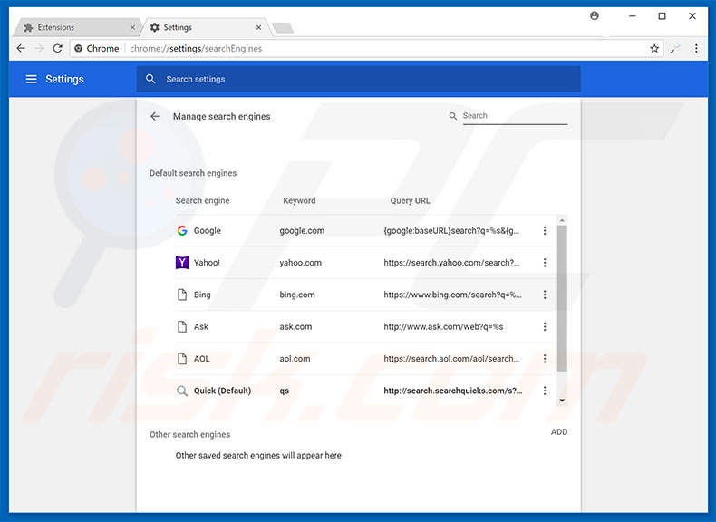 Suppression du moteur de recherche par défaut de search.searchquicks.com dans Google Chrome 