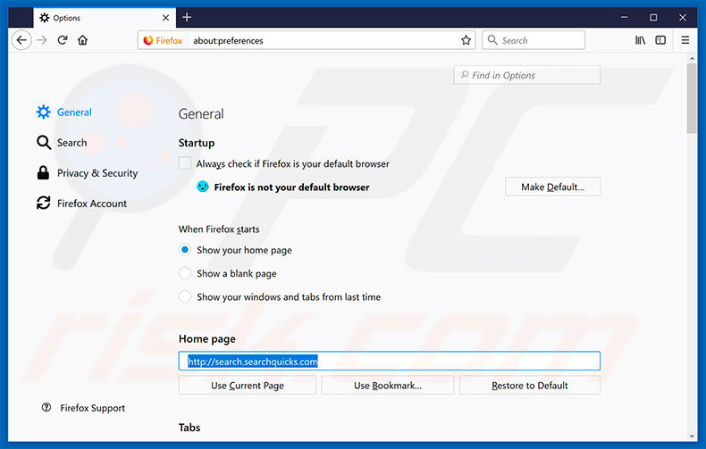 Suppression de la page d'accueil de search.searchquicks.com dans Mozilla Firefox 